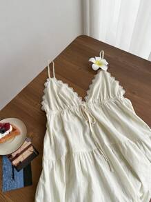 Comfortcana Váy hở lưng ren dệt màu mơ - Màu be - Xem 6