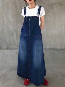 FRIFUL Women Denim Pinafore Dress, Long Skirt With Pockets, Asymmetrical Neckline - Medium Wash - View 3