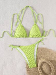 SHEIN Swim Plain Halter Bikini Set, Textured Design With Detachable Pads For Summer Beach Vacation - Green - View 6