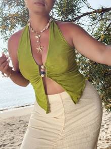 Flirla Parte superior tipo tirantes de verano para mujer talla grande, con escote profundo en V, hebilla de metal y espalda descubierta