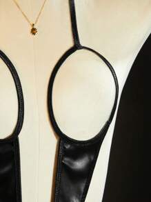 SHEIN Bộ đồ liền thân hở đáy hở da PU gợi cảm dành cho nữ, cực kỳ gợi cảm, quyến rũ khi đi chơi - màu đen - Xem 3