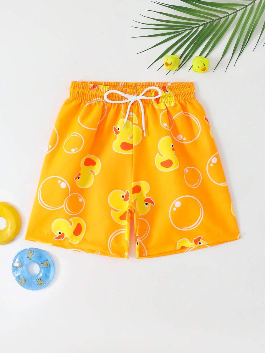 Young Boy Cartoon Duck Print Drawstring Waist Swim Shorts - Orange - View 1
