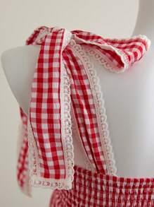 Elamini 女式方领蕾丝拼布格子系带可爱背心，夏季 - 紅白色 - 查看 3