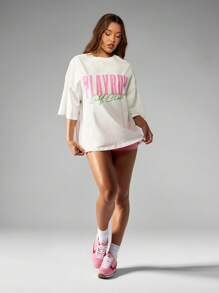 Missguided x Playboy Retro Style Club Graphic Streetwear Cotton Oversized T-Shirt Summer Athleisure Daily Casual Top Weekend Relaxed Staple - White - View 5