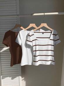 Comfortcana 3 piezas de camisetas básicas de cuello redondo de manga corta y cortas en marrón café y blanco para mujer