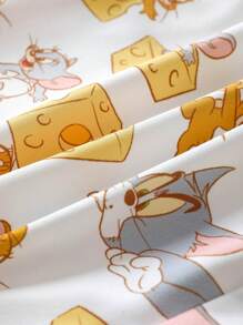 TOM & JERRY X SHEIN Ensemble de 2 pièces pyjama : T-shirt à manches courtes blanc décontracté et confortable avec imprimé de fromage et dessin animé de jeune garçon, et short