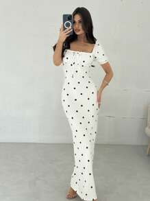 Firerie 女士优雅简约褶皱方领波尔卡圆点连衣裙，适合日常穿着和度假，夏季 - 白色 - 查看 5