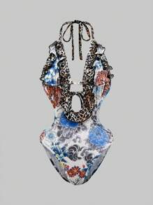 ROMWE Hippie Y2K 嬉皮复古豹纹花卉全身印花女式紧身衣 - 彩色 - 查看 1