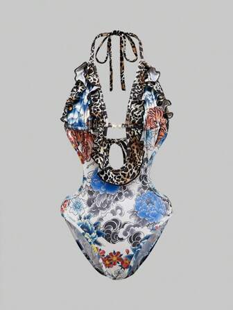 Hippie Mono de Body completo con estampado todo sobre estampado de leopardo y floral en estilo hippie vintage Y2K para mujer