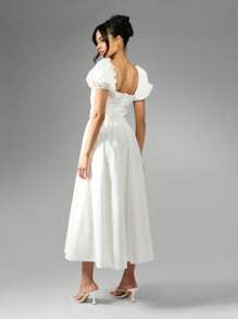 MISSGUIDED Cottage Core 泡泡袖中长连衣裙方领褶饰紧身胸衣茶会草原夏季婚礼宾客招待会伴娘花园派对复活节 - 白色 - 查看 2