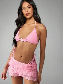 MISSGUIDED Triangle Bikini Set With Flower Trim Ruched Lace Cover Up Halter Neck Swimsuit Three Piece Resort Vacation Pool Beachwear With Side Ties - Pink - View 5