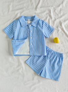 Vintaside Kids 男婴休闲格子短袖衬衫和短裤两件套，夏季 - 藍色 - 查看 1