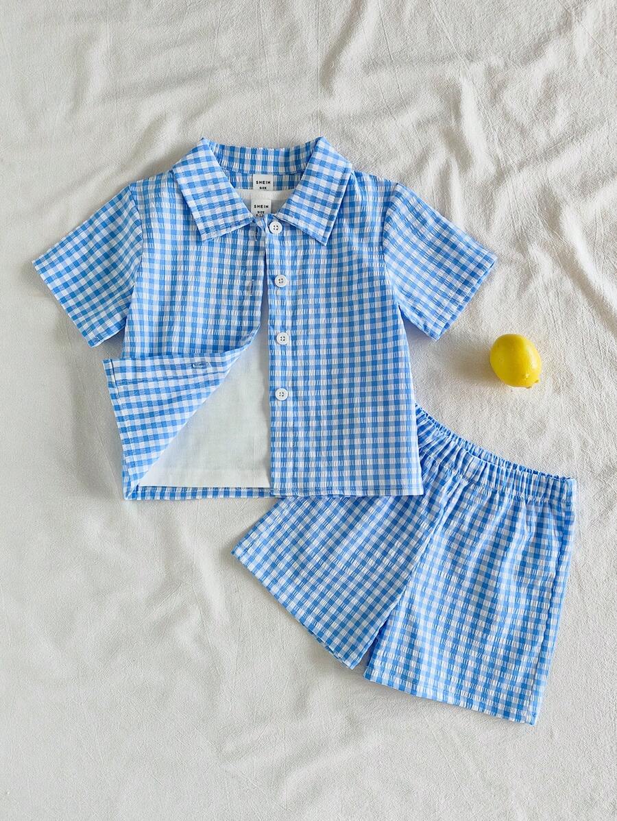 Vintaside Kids 男婴休闲格子短袖衬衫和短裤两件套，夏季 - 藍色 - 查看 1