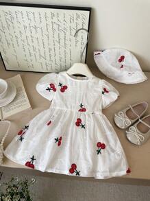 Baby Girls 0-3 Years Old Spring/Summer Cute Playful Daily Outing Cherry Embroidery Puff Sleeve Dress + Hat - White - View 7