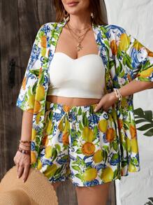 SHEIN VCAY Conjunto de 2 piezas de talla grande para mujer con blusa de manga corta con estampado de limón y retro, y pantalones cortos holgados con cintura elástica para uso en la playa - Multicolor - Ver 4