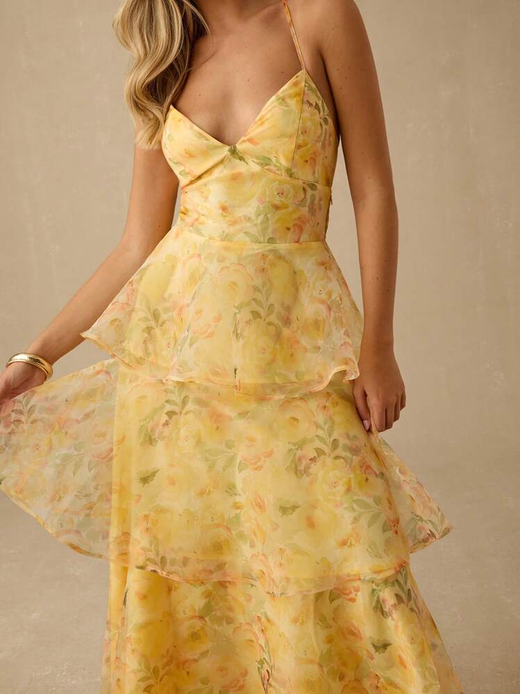 Enchnt Vestido maxi de princesa de organza con estampado floral amarillo sol romántico para mujer, con tirantes de espagueti, volantes en el bajo y espalda descubierta, dulce y elegante para vacaciones, citas, fiestas, graduación, invitada de boda y playa, vestido de fiesta, vestidos de verano para mujer, vestidos de sol para mujer, ropa de verano, vestidos elegantes para fiestas, ropa bohemia - Amarillo - Añade 3
