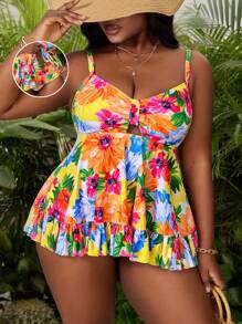 Slaydiva Plus Size Women's Random Printed Fashionable Casual Vacation Adjustable Strap Gathered Waist Asymmetric Hem Tankini Swimwear For Summer - Multicolor - View 1