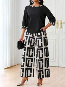 SHEIN Lady 春夏秋冬休闲优雅黑色针织 V 领喇叭袖纽扣短长袖休闲优雅大码套装情人节新年女装夏季女士服装夏季 - 黑色 - 查看 1