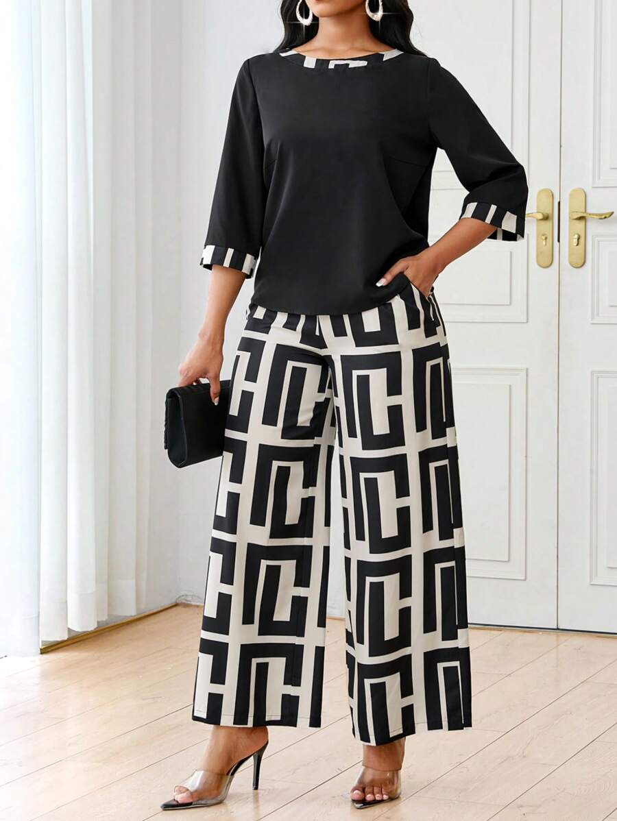 SHEIN Lady 春夏秋冬休闲优雅黑色针织 V 领喇叭袖纽扣短长袖休闲优雅大码套装情人节新年女装夏季女士服装夏季 - 黑色 - 查看 1