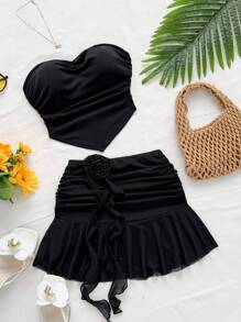 Soleia Women Two Pieces Outfits For Daily Wear Skirt And Top Set Tube Top Sets Beach Skirt Set - Black - View 1