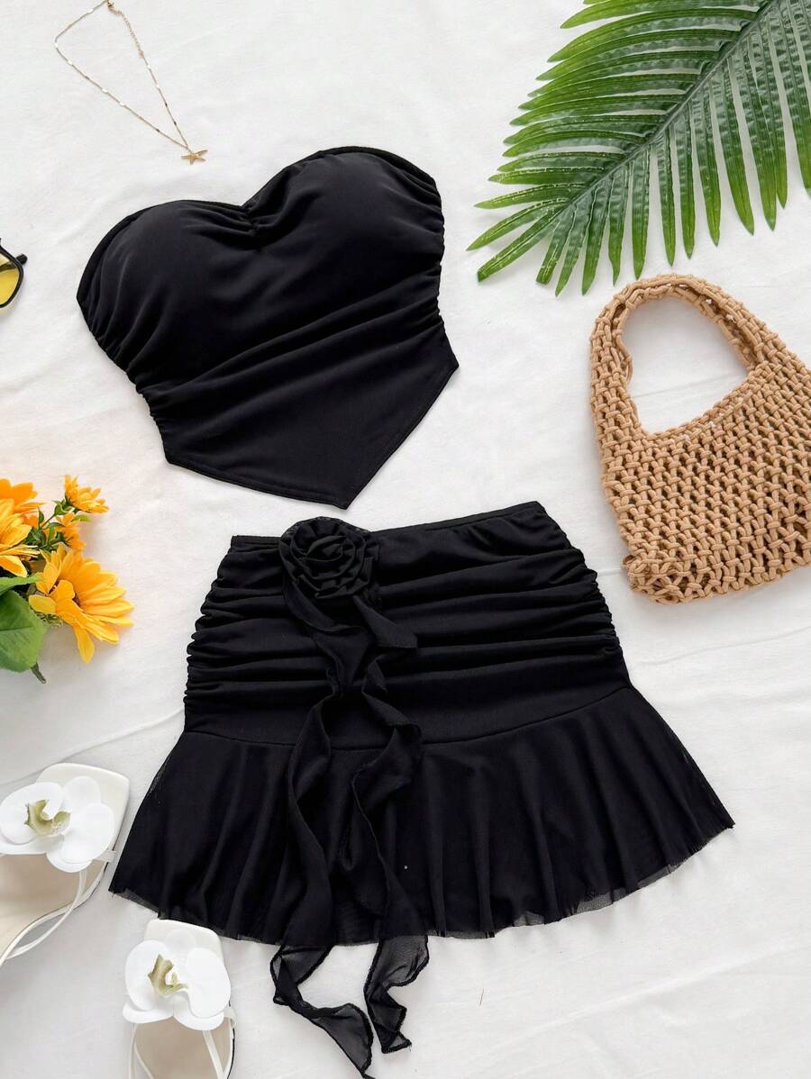 Soleia Women Two Pieces Outfits For Daily Wear Skirt And Top Set Tube Top Sets Beach Skirt Set - Black - View 1