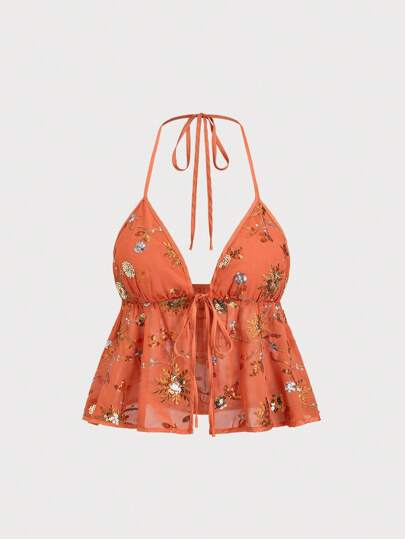 Sweetra Women's New Sequin Embroidery Tie Strap Butterfly Decor Halter Top, Adjustable Straps, Suitable For Beach Vacation, Spring/Summer