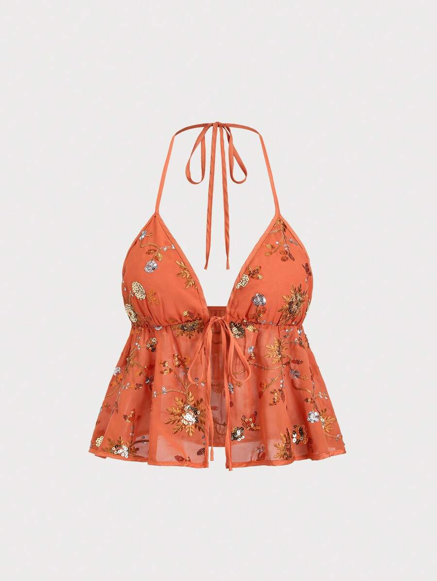 Sweetra Top à bretelles papillon décoré de sequins et de broderie pour femmes, avec des bretelles réglables, convient pour les vacances à la plage, le printemps/été - Jaune citron - Voir 1