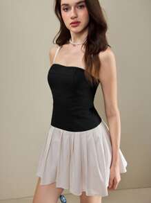 Muvela Women Simple Fashion Contrast Color Pleated Hem Camisole Mini Dress Graduation Dresses For Women Summer Outfits For Women Flowy Dress