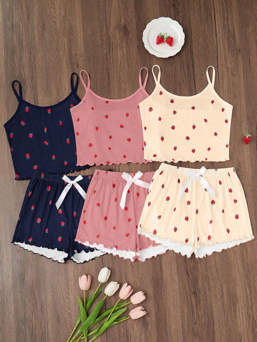 Dream Adore Conjunto de pijama de 3 piezas con estampado de fresa, que incluye camiseta de tirantes y shorts