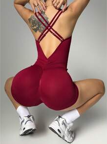 Slayform Women's Seamless Yoga Spiral Patterned Playsuit Workout Rompers Jumpsuits,Athletic Gym Gear Burgundy Summer Athleisure Sports Outfit Clothes - Burgundy - View 2