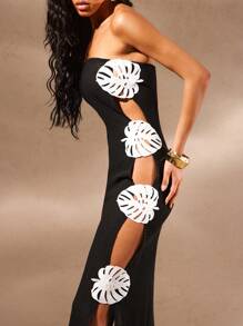 Hauture Kleid mit Kontrast-Farbblöcken, Hohlräumen und Beinschlitz, trägerloses, ärmelloses Design