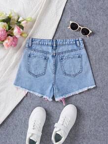 SHEIN Teen Girls' Contrast Color Frayed Hem Summer Denim Shorts With Pockets - Light Wash - View 2
