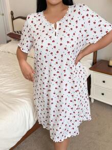 SHEIN 加大码短袖睡袍，罗纹针织心形印花，蕾丝花边，可爱 - 白色 - 查看 6