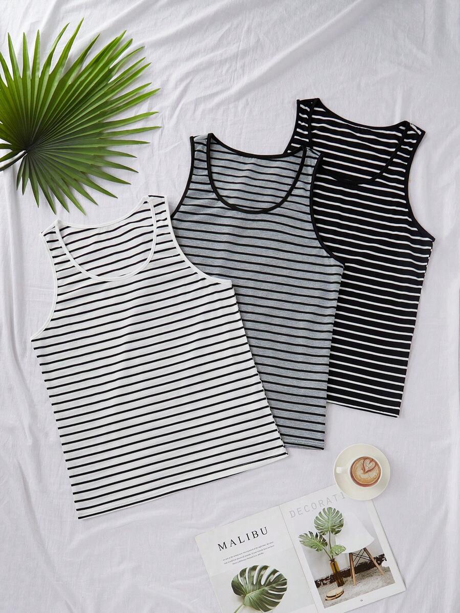 SHEIN 3 件男士无袖条纹背心，夏季休闲背心套装 - 彩色 - 查看 1