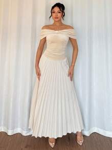 SHEIN Unity Delicate & Elegant Bowknot Off-Shoulder Pleated Maxi Dress - Apricot - View 4