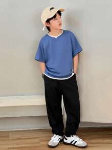 YoungBoy Young Girl White Textured Jacquard Fabric, Solid Color Polo Collar Short Sleeve Top And Elastic Waist Pants 2 Pieces Set, Casual, Versatile, Suitable For Home, Outdoor, School, Sports - White - View 1