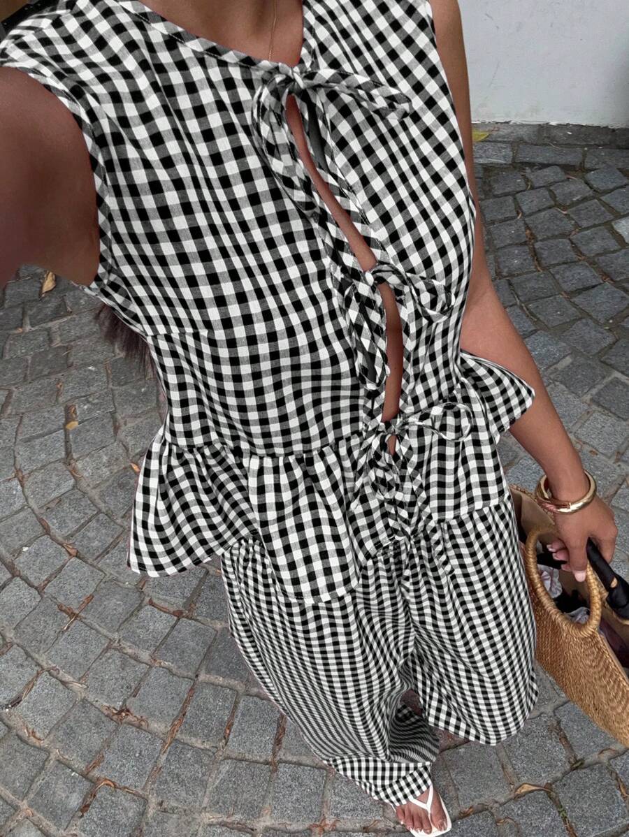 SHEIN EZwear Women 2pcs Sleeveless Tank Top & Pants Set With Tie Front, Black & White Plaid, Summer