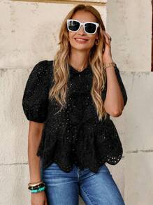 Solivie 女士前系带泡泡袖刺绣优雅衬衫，度假风，适合情人节 - 黑色 - 查看 3