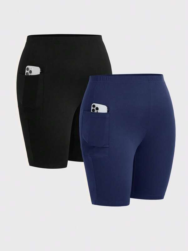 SHEIN Essnce Pantalones cortos deportivos de verano informales con bolsillos para mujer talla grande, paquete de 2 unidades, pantalones cortos negros, mallas de verano, pantalones de estar en casa, pantalones cortos de verano, pantalones cortos para curvas, shorts tipo mallas, pantalones cortos tipo ciclista