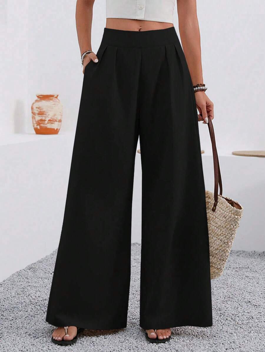 SHEIN PETITE 女士夏季休闲人造丝抽绳腰直筒裤，带口袋，适合外出、约会、度假 - 杏色和驼色 - 黑色 - 查看 1