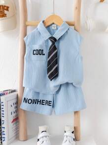 SHEIN 3pcs Toddler Boys' Summer Outfit Set With Sleeveless Letter Print Top, Elastic Waist Shorts, And Necktie