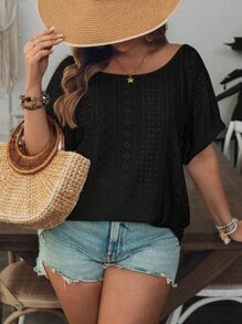 SHEIN VCAY Áo phông đi biển cổ tròn rộng rãi, hở lưng, dệt kim màu trắng cỡ lớn, phù hợp cho mùa hè - màu đen - Xem 5