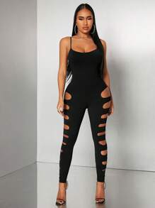 Radiana 春夏街头休闲日常舒适性感夜店摇滚辣妹音乐节绿色针织高弹力镂空露背紧身长款连体衣 - 黑色 - 查看 5