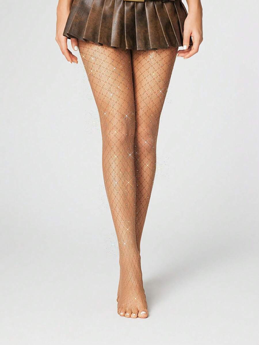 ROMWE Grunge Punk 1 par de calcetines de rejilla con diamantes de imitación calados en estilo Academia Oscura