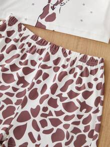 Tween Girl 2 Pieces Pajama Set, Cute Giraffe Print, Soft & Comfortable Fabric, Short Sleeve Top & Shorts, Loungewear Back To School Fashion - Multicolor - View 7