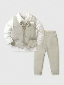 Conjunto de 3 piezas: Chaleco de estilo caballero gris claro + Camisa de cuello blanco + Pantalones para bebé/niño pequeño, adecuado para exteriores, vacaciones, calle, fiestas, sesiones de fotos y otras ocasiones - Gris - Ver 1