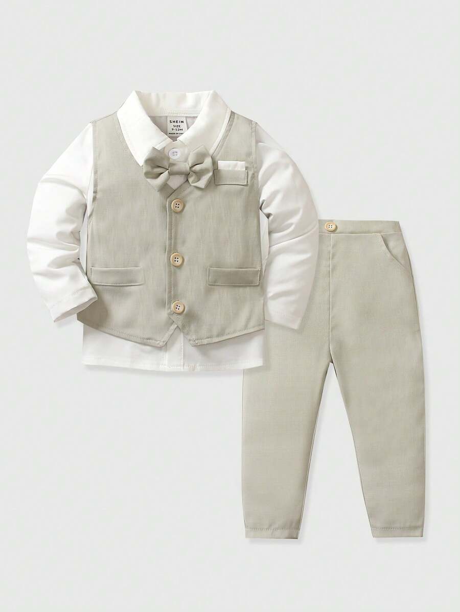 Conjunto de 3 piezas: Chaleco de estilo caballero gris claro + Camisa de cuello blanco + Pantalones para bebé/niño pequeño, adecuado para exteriores, vacaciones, calle, fiestas, sesiones de fotos y otras ocasiones - Gris - Ver 1