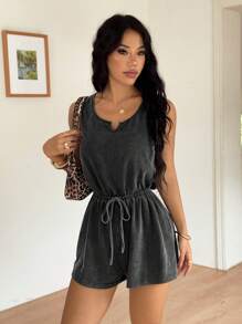 SHEIN EZwear 黑色 V 领无袖针织连体裤，女式休闲弹力束腰连体裤，夏季 - 黑色 - 查看 6