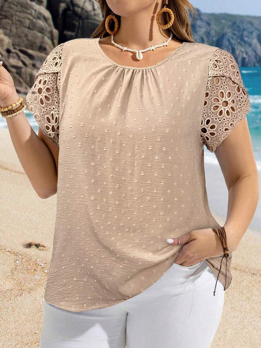 EMERY ROSE 加大码女式圆领短袖休闲衬衫夏季热带度假海滩简约上衣 - 杏色 - 查看 1