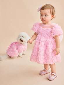 PETSIN Lightweight Breathable Rose Mesh Tulle Princess Dress In Sweet Baby Pink, Suitable For Summer Wear, Elegant Party/Wedding Outfits For Pets - Pink - View 6